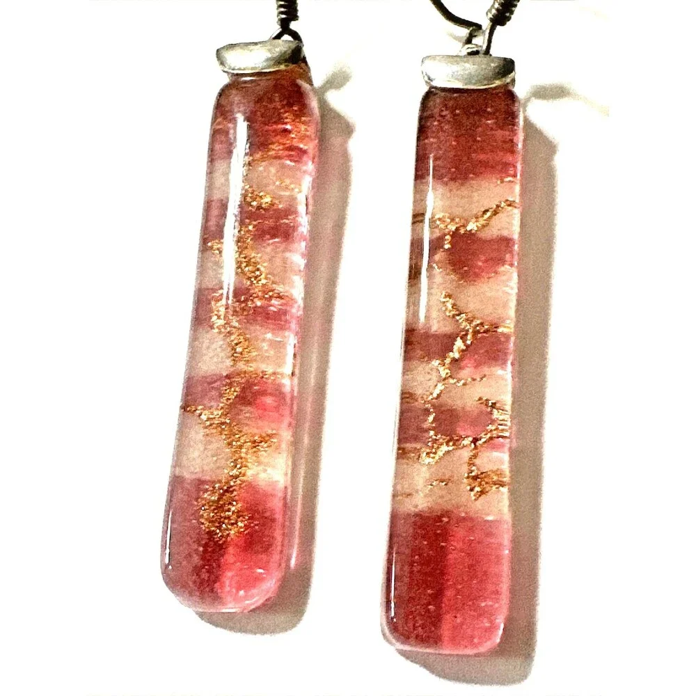 Artisan Lampwork Glass Bar Earrings Pink Gold Horizontal Stripe 925 Silver 1.5